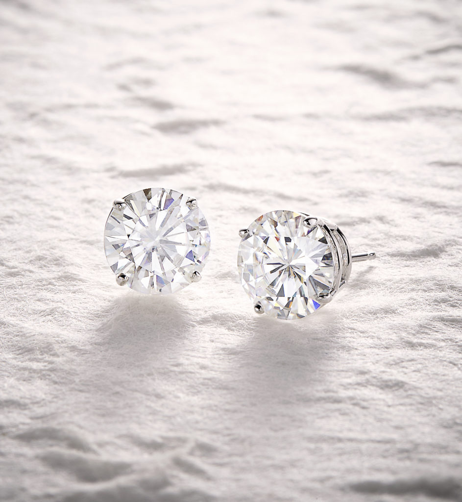 Round moissanite studs by Charles & Colvard.