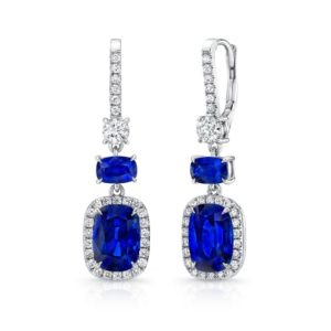 Cushion-cut blue sapphire and diamond dangle earrings by Uneek Fine Jewelry